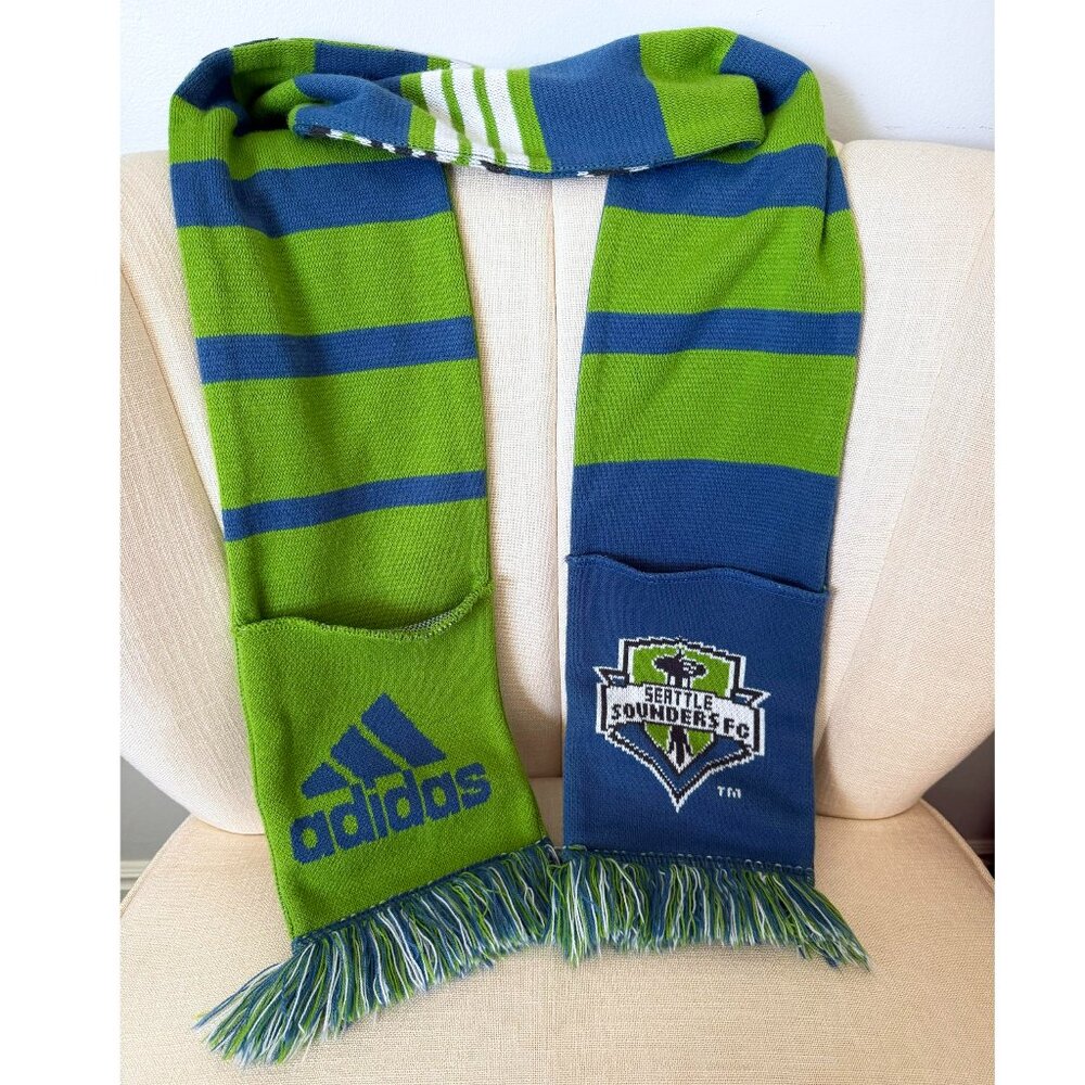 Seattle SOUNDERS FC knit scarf ADIDAS soccer hand pockets MLS green blue stripe